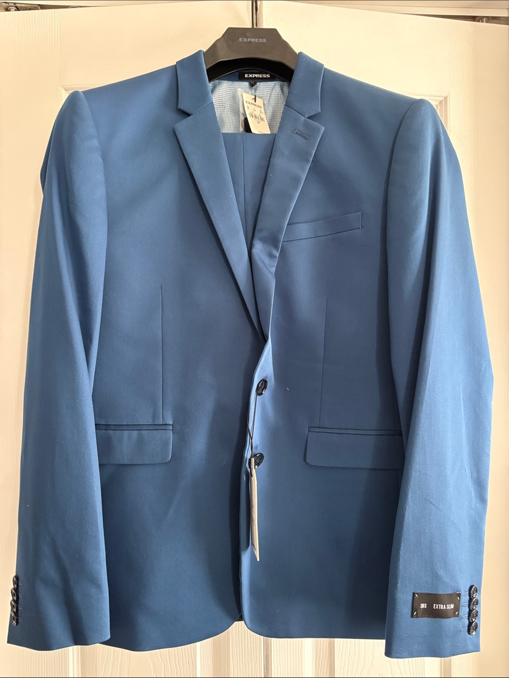 Express Men’s Extra Slim Sky Blue 38S Two-Button Suit with 32x30 pants